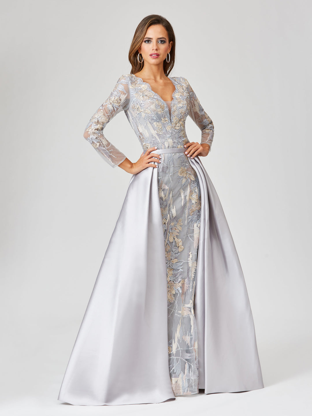 Lara 29468 - Long Sleeve Lace Gown with Removable Over Skirt - FOSTANI