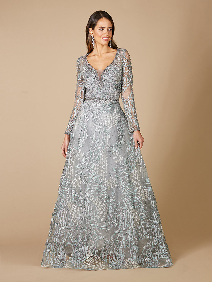 Lara 29471- Long Sleeve Lace Ballgown with V-Neckline - FOSTANI