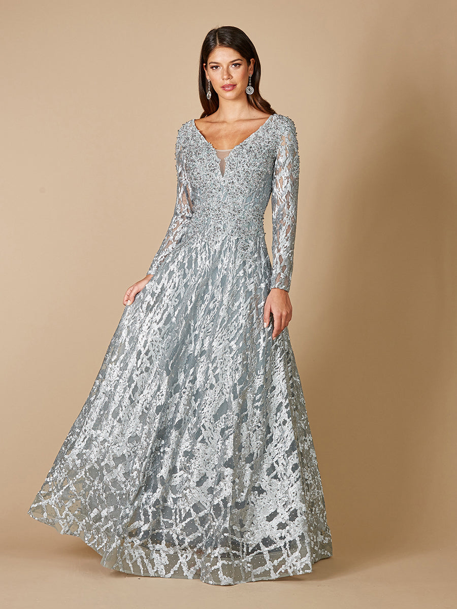 Lara 29476- Long Sleeve Lace Ballgown with V-Neckline - FOSTANI