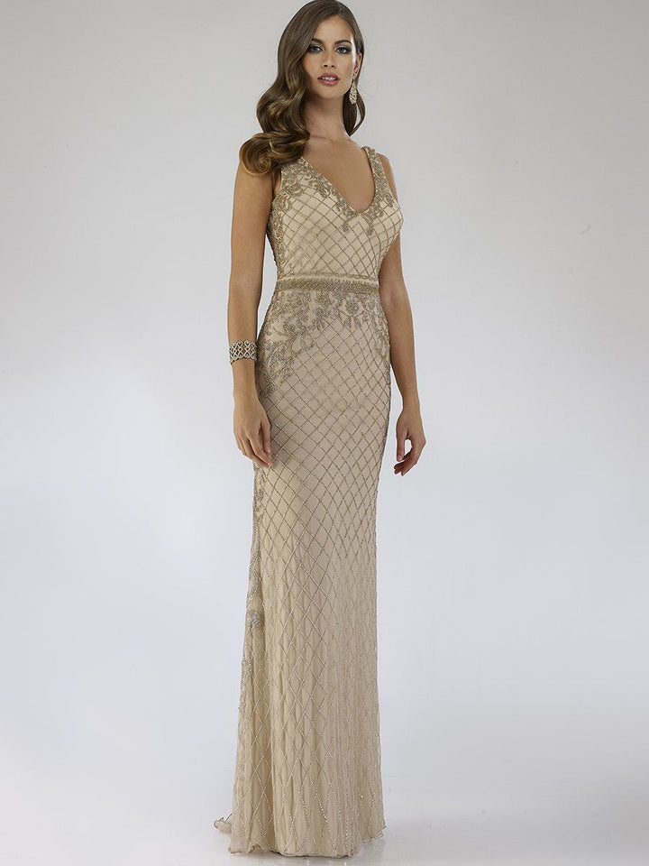 Lara 29535 - Beaded V-Neck Dress - FOSTANI