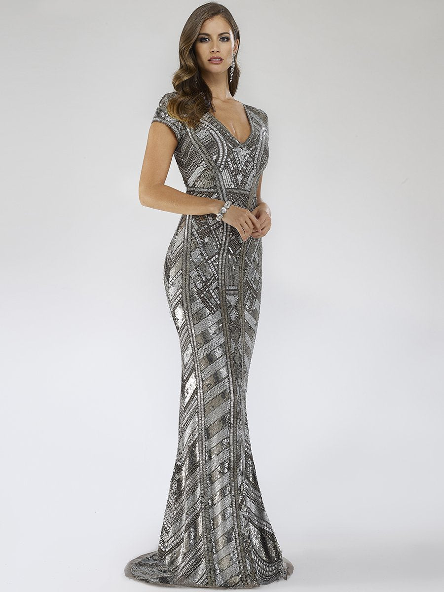 Lara 29540 - Body Con Beaded Silver Dress - FOSTANI