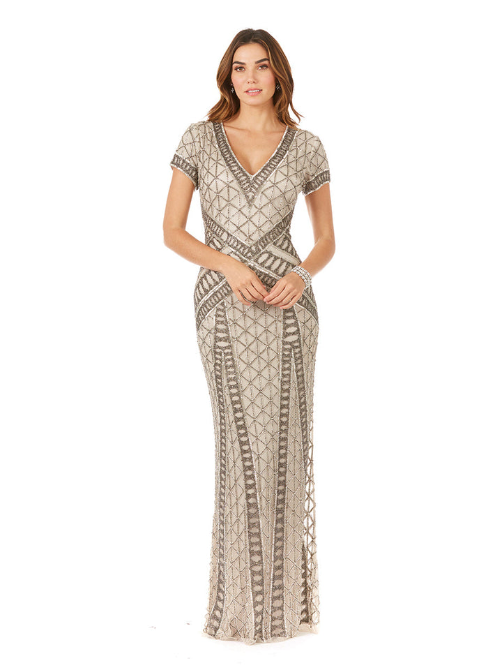 Lara 29746 - Beaded V-Neckline Dress with Cap Sleeves - FOSTANI