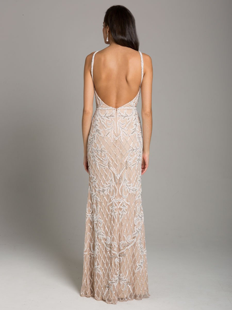 Lara Beverly Long Beaded Low Back V Neck Sleeveless Dress - FOSTANI