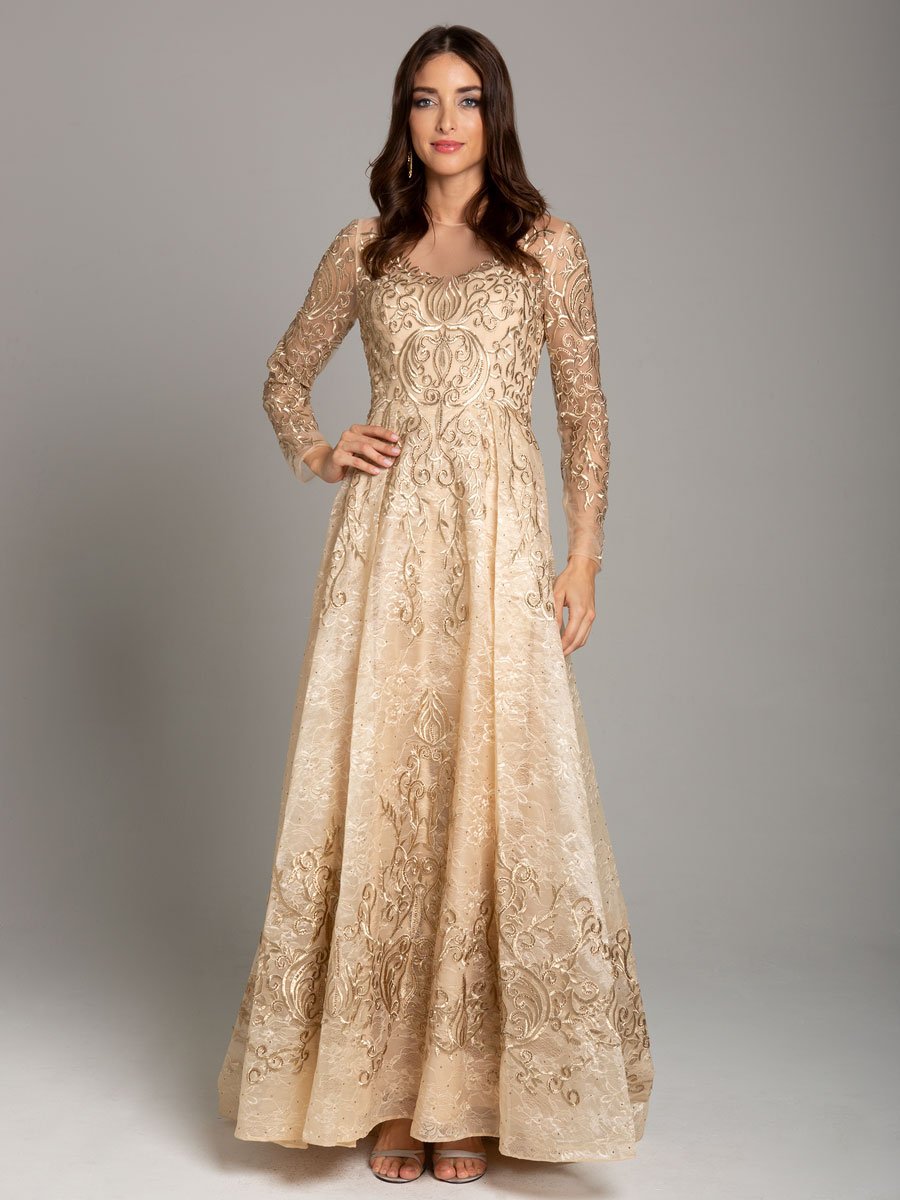 Lara 29856 - Long Sleeve Lace Ball Gown - FOSTANI