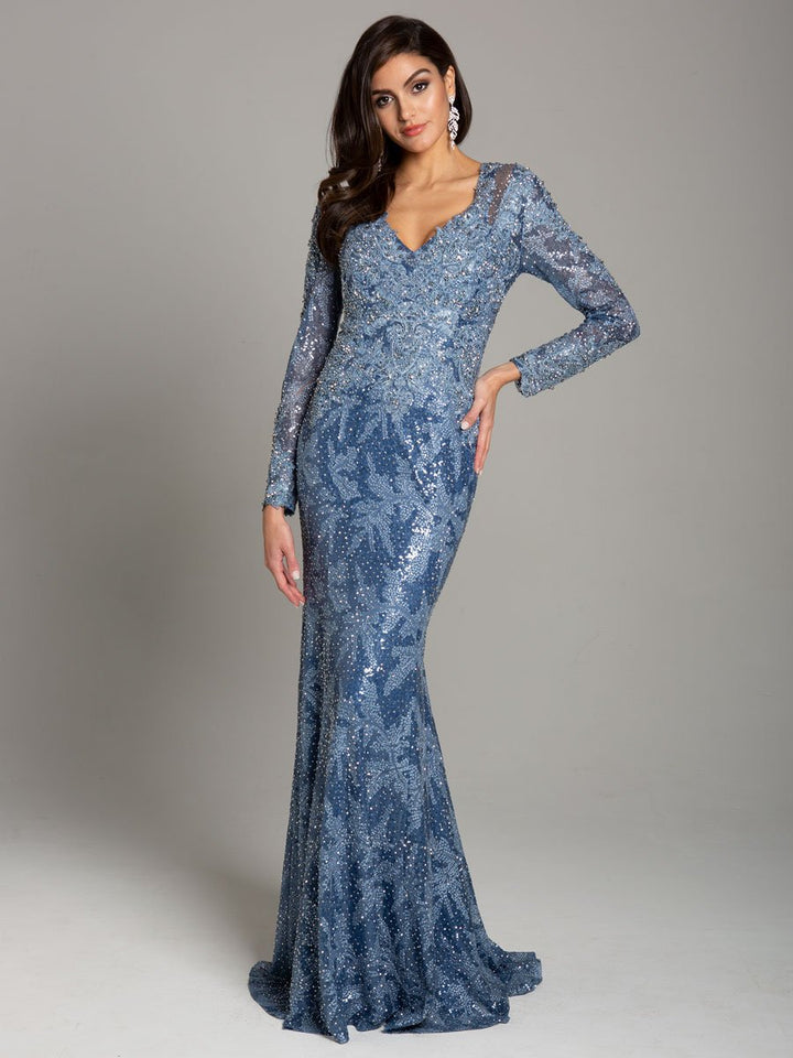 Lara 29885 - Lace V-Neck Long Sleeves Mermaid Gown - FOSTANI