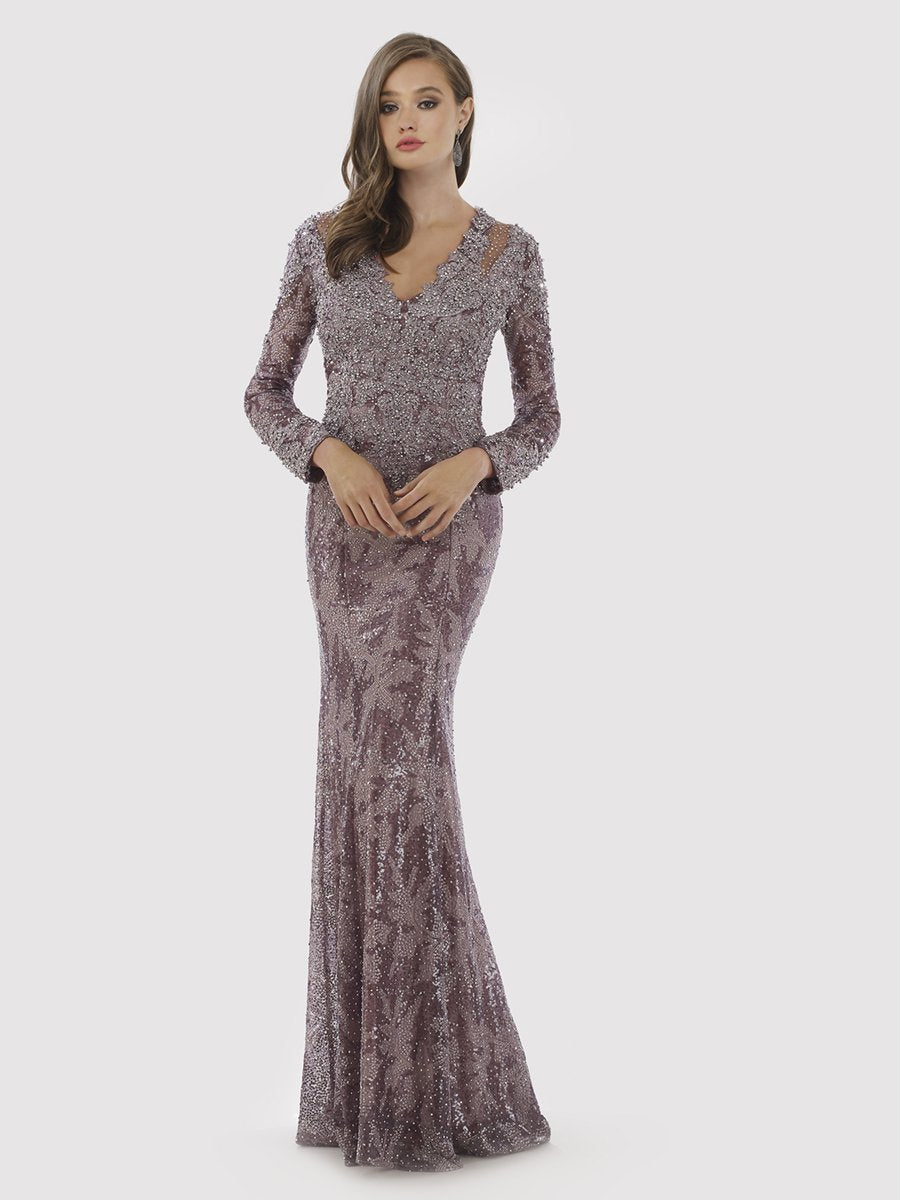 Lara 29885 - Lace V-Neck Long Sleeves Mermaid Gown - FOSTANI