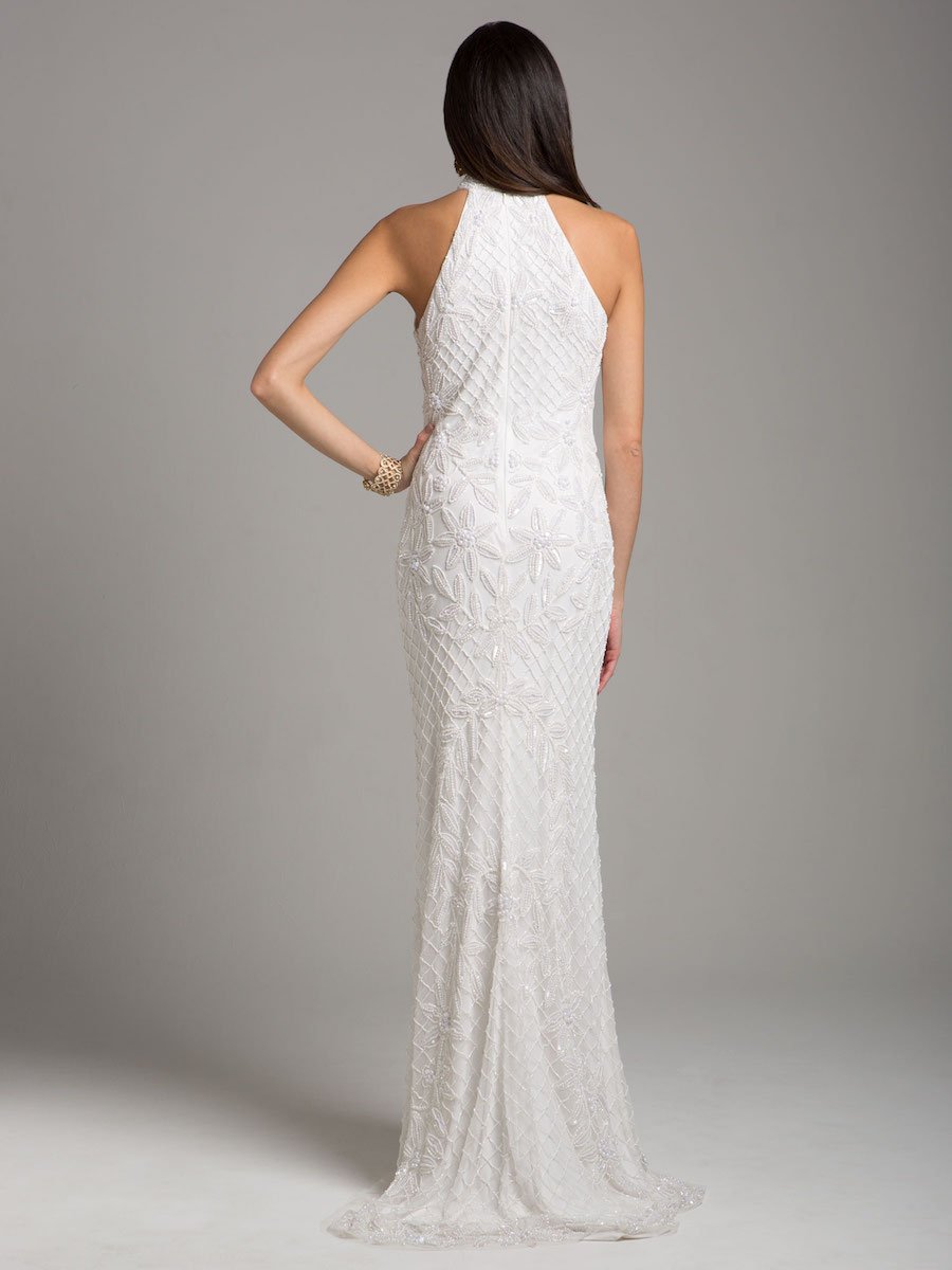 Lara Lattice-Beaded Halter Neck Sheath Wedding Gown - FOSTANI