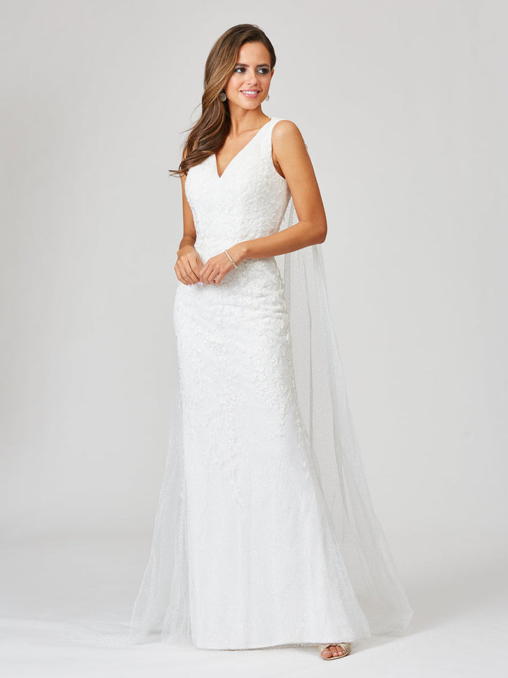 Lara 51043 - Lace Mermaid Bridal Gown With Removable Cape - FOSTANI