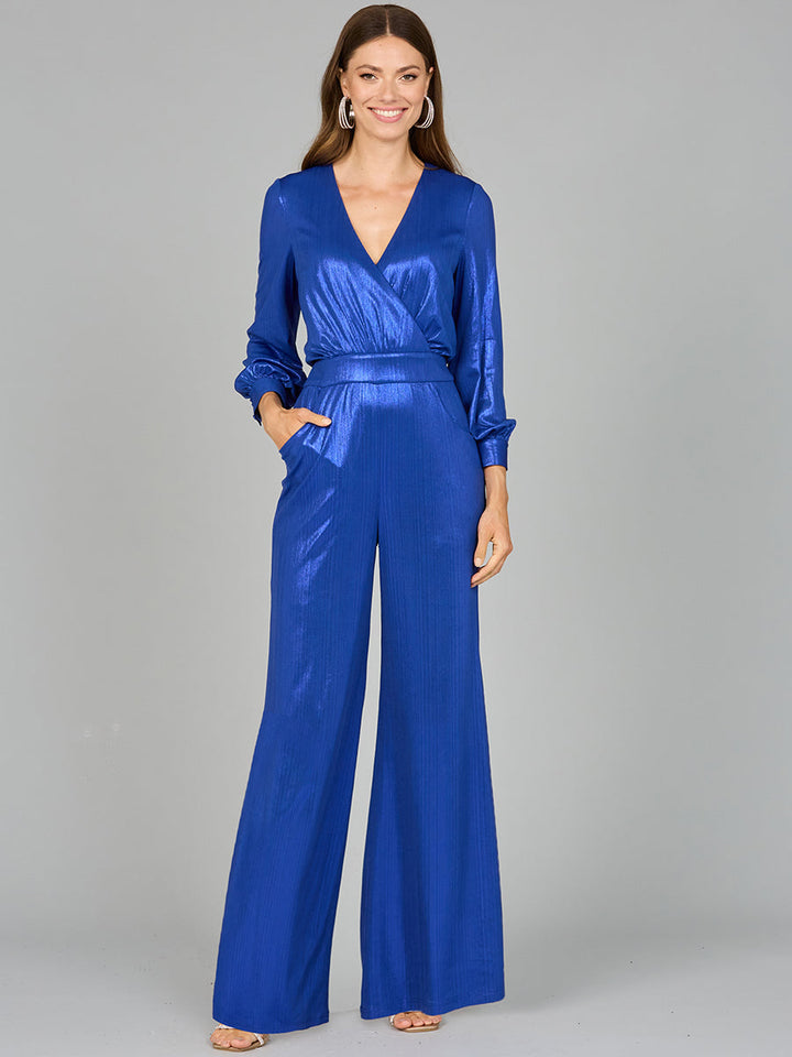 Lara 8121 - Metallic Shimmer Jumpsuit with Pockets - FOSTANI