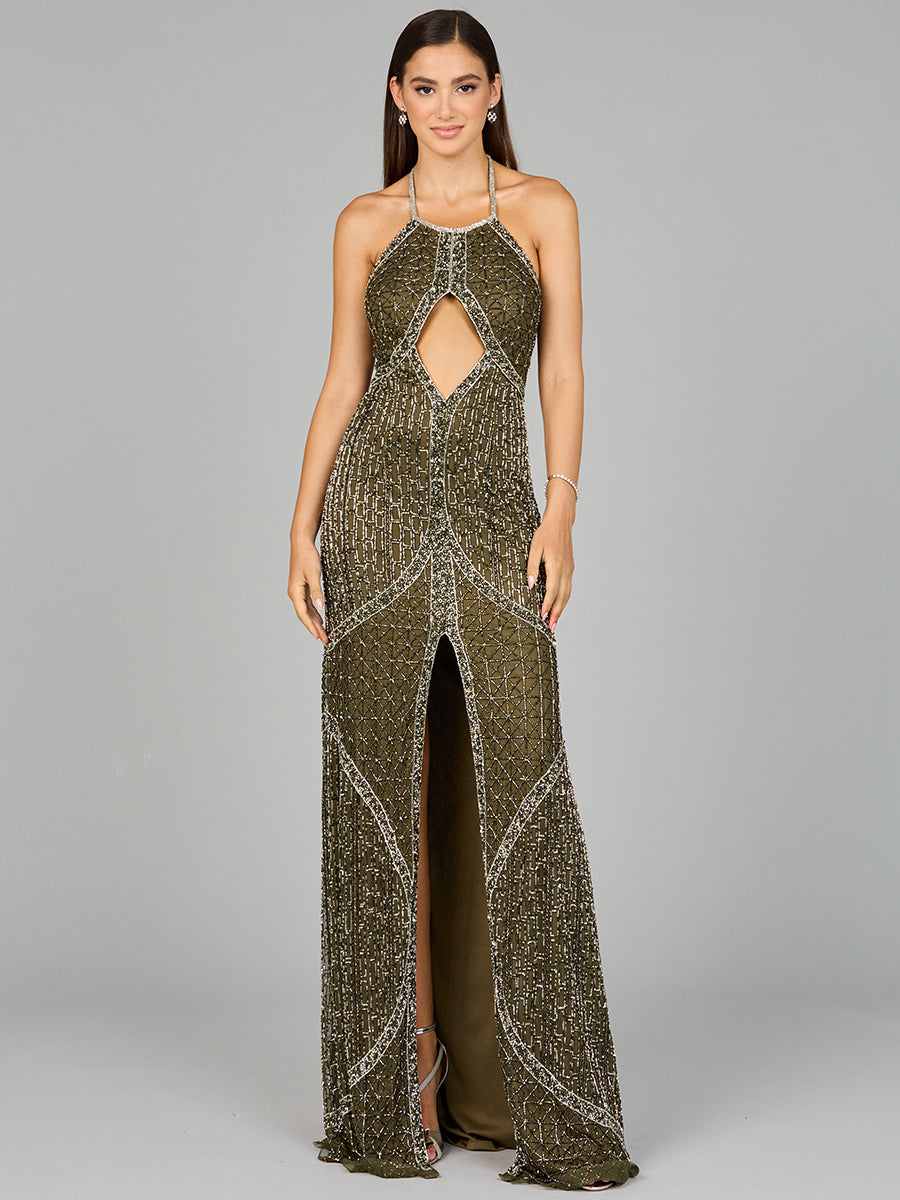 Lara 9945 - Symmetrical Halter Neck Beaded Gown - FOSTANI