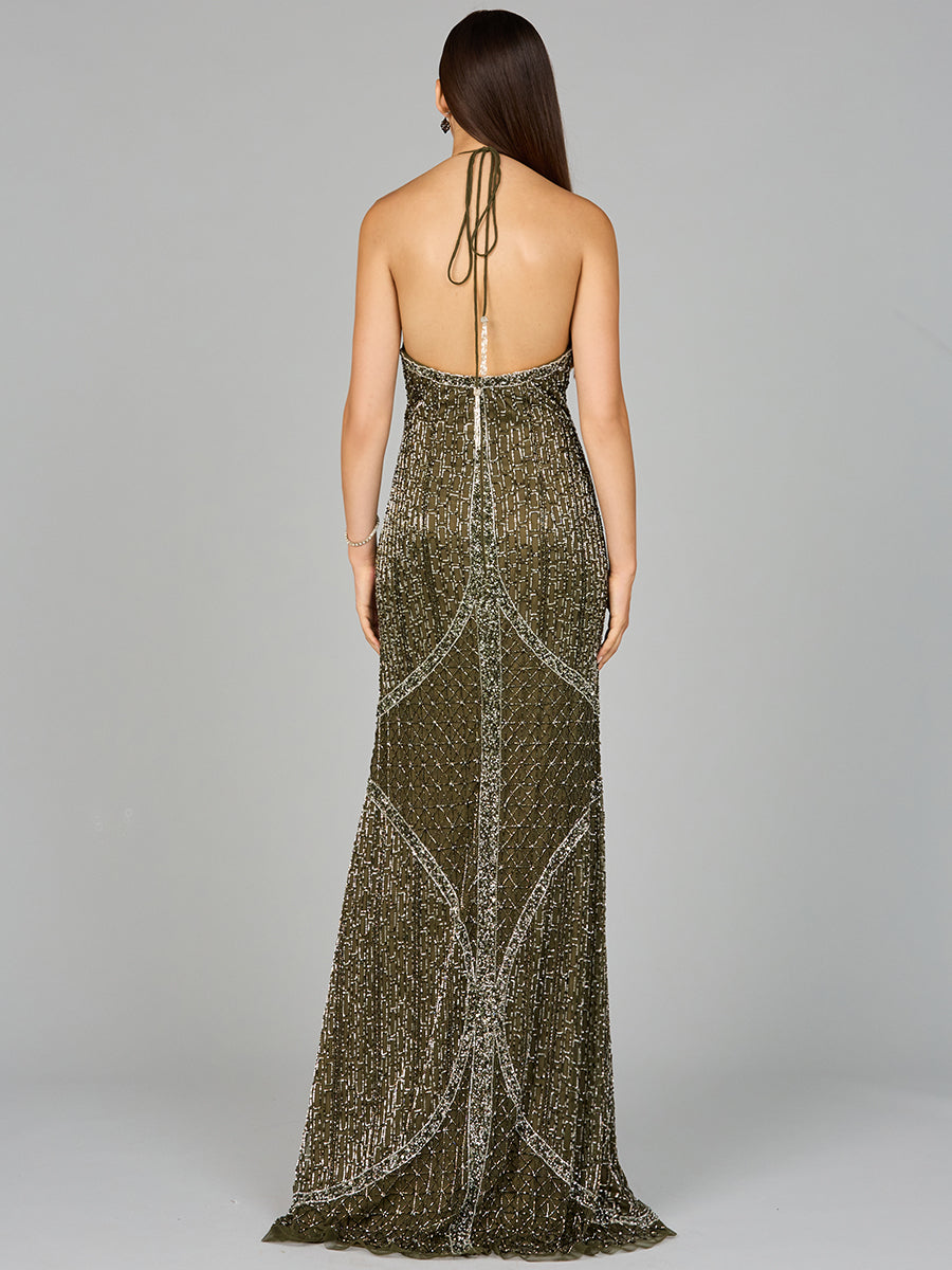 Lara 9945 - Symmetrical Halter Neck Beaded Gown - FOSTANI