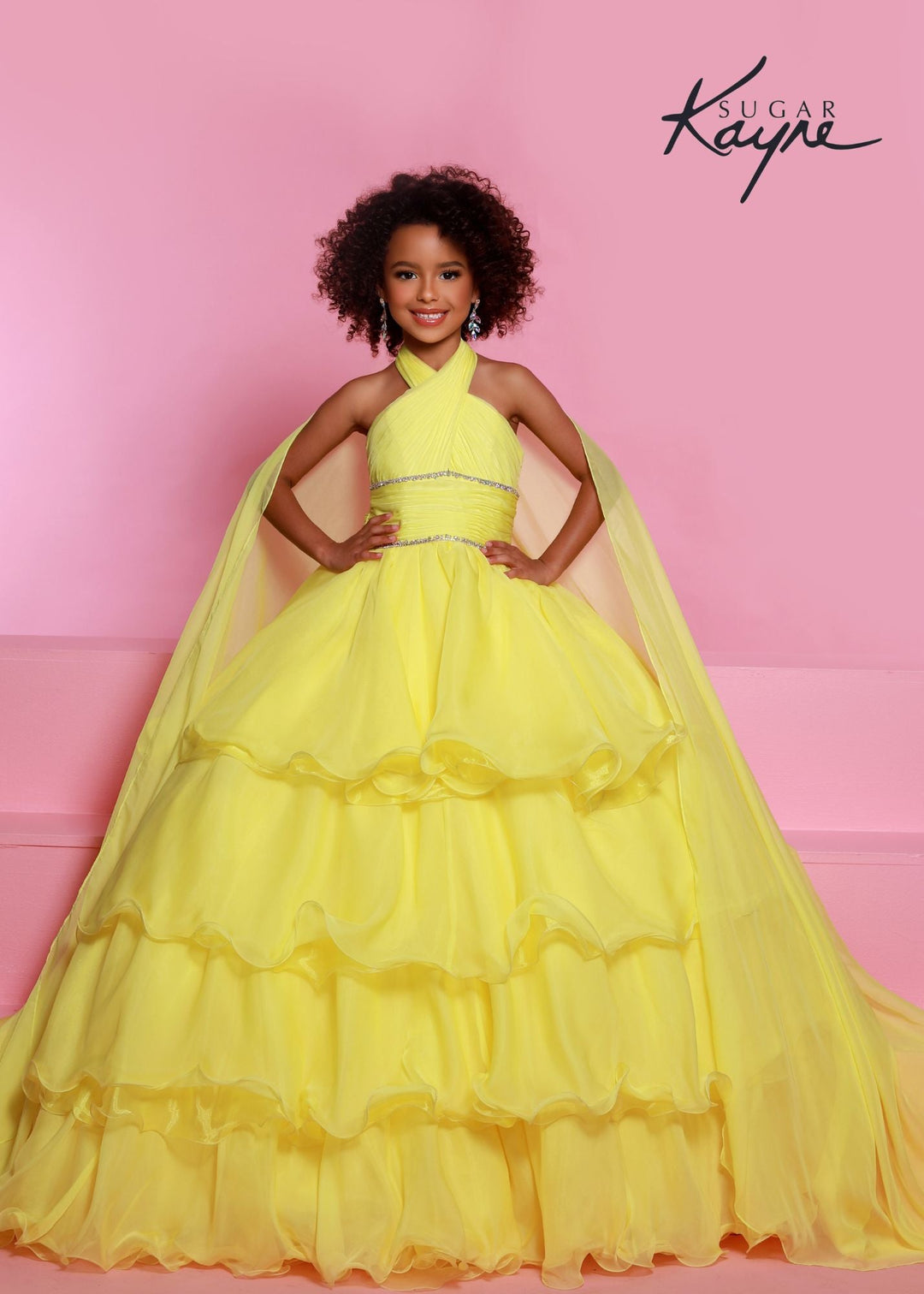 Sugar Kayne C305 Ruffled Layers Girls Preteens Pageant Dress Ball Gown Cape Halter Formal Dress - FOSTANI