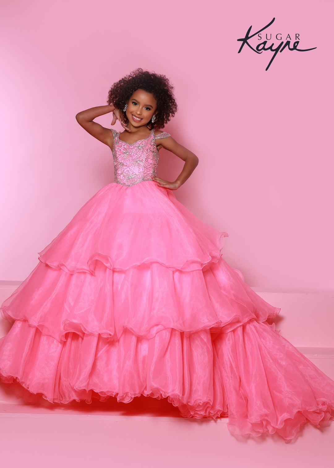 Sugar Kayne C318 Long Layer Ruffle Girls Pageant Dress off the Shoulder Ball Gown Beaded - FOSTANI