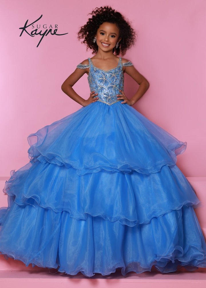 Sugar Kayne C318 Long Layer Ruffle Girls Pageant Dress off the Shoulder Ball Gown Beaded - FOSTANI