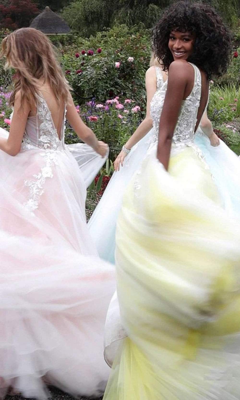 Jovani 55634 Sheer Floral Appliques V-Neck  Ballgown - FOSTANI