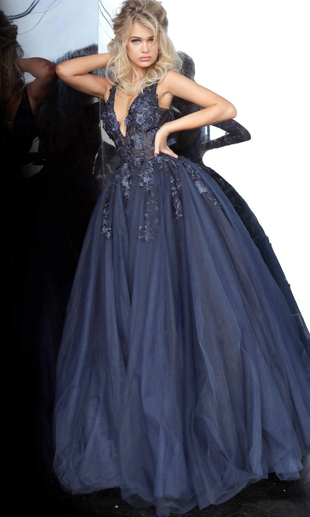 Jovani 55634 Sheer Floral Appliques V-Neck  Ballgown - FOSTANI