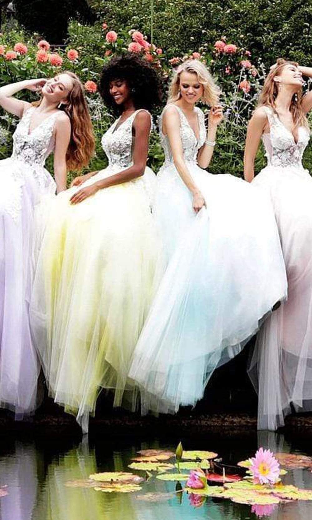 Jovani 55634 Sheer Floral Appliques V-Neck  Ballgown - FOSTANI