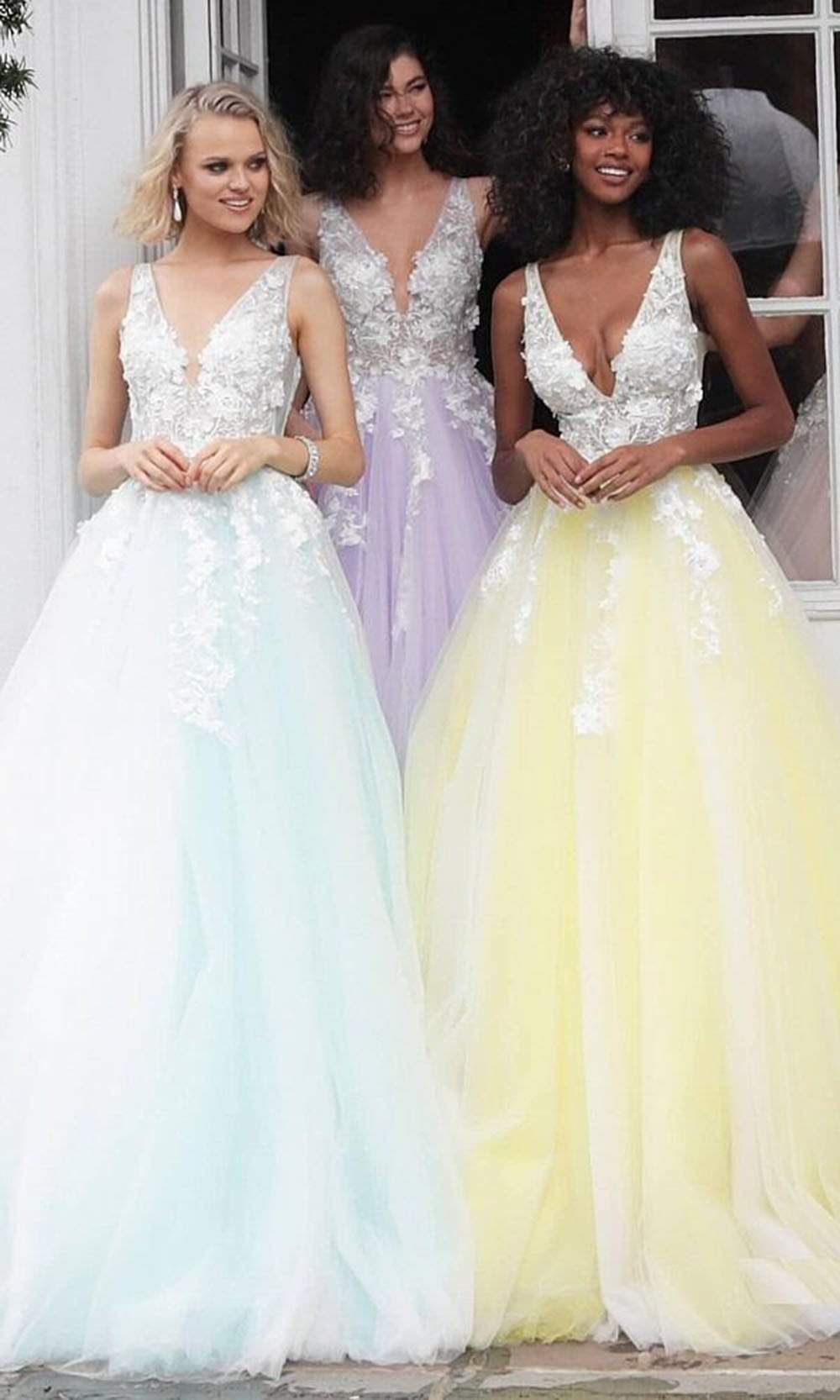 Jovani 55634 Sheer Floral Appliques V-Neck  Ballgown - FOSTANI