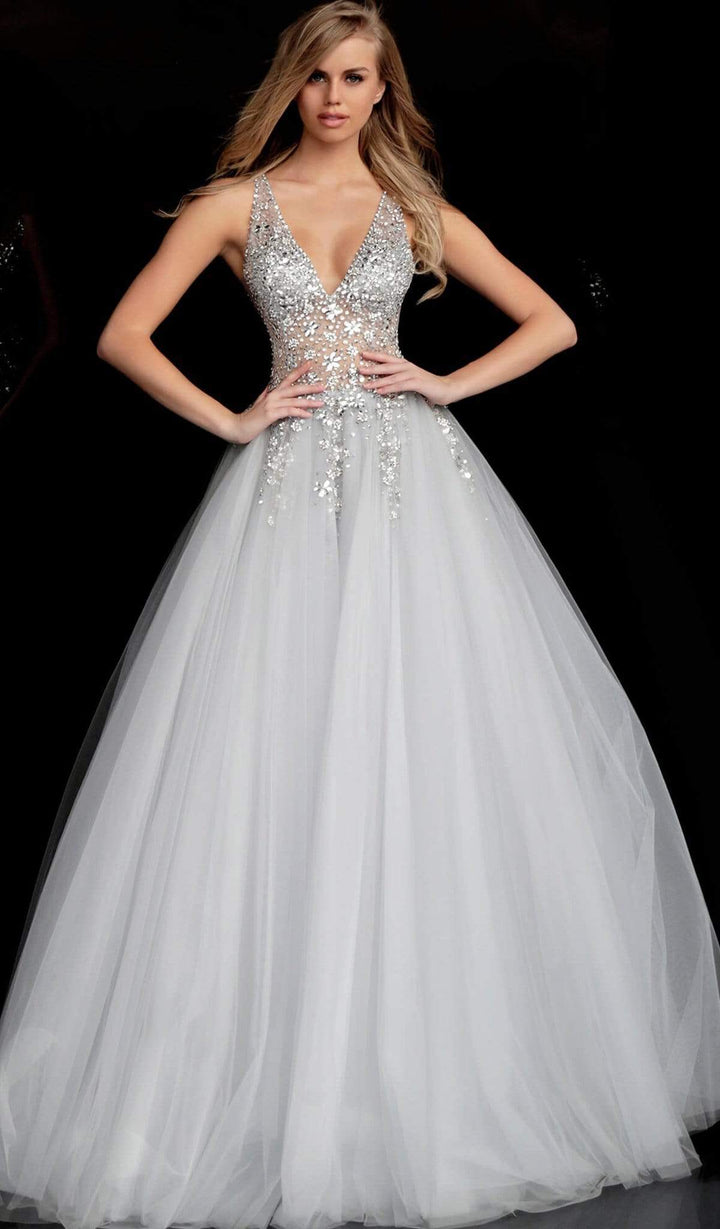 Jovani - 65379 Crystal Embellished Plunging V-neck Ballgown - FOSTANI