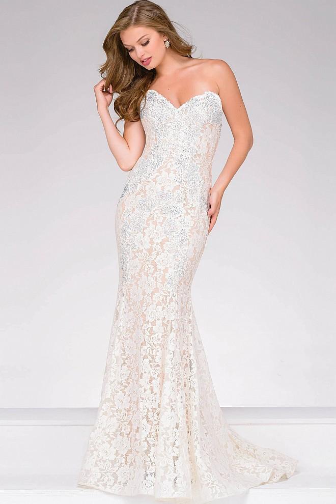 Jovani - Crystal Embellished Strapless Lace Prom Dress 37334 - FOSTANI